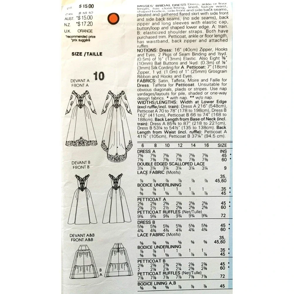 Vogue Bridal Edition Pattern 1980s Wedding Bride Bridesmaid Gowns 32.5